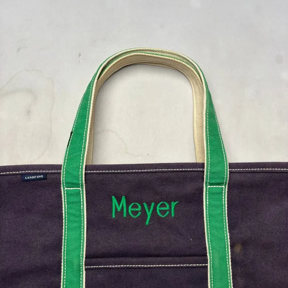 Lands End Black Green Canvas Zip Boat Tote Bag Embroidered Meyer 17x26
